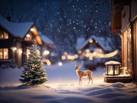 Christmas deer in the village at night. Christmas and New Year background.の写真素材