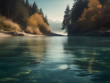 Mountain river with clear blue water and coniferous forest.の写真素材
