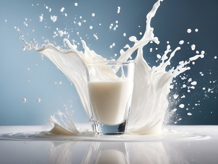 Milk splashing out of a glass on a blue background.の写真素材