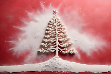 Christmas tree made of snow on a red background. Christmas card.の写真素材