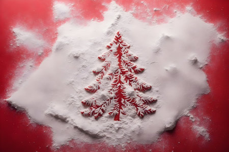 Christmas tree made of snow on a red background. Christmas card.の写真素材