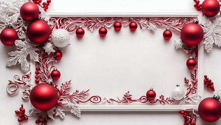 White frame with red christmas balls and snowflakes on white backgroundの写真素材
