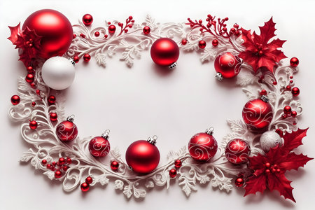 Christmas background with red and white baubles and poinsettiaの写真素材