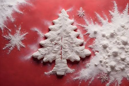 Christmas tree made of snowflakes on red background, top viewの写真素材
