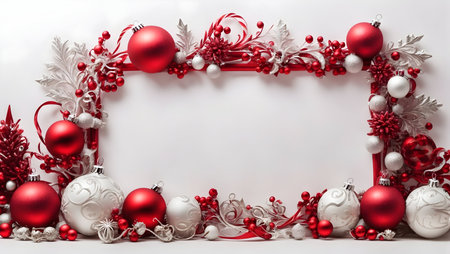 Christmas background with red and white baubles on white background.の写真素材
