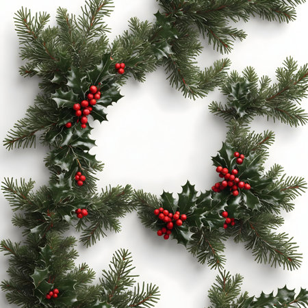 Christmas wreath with holly berries on white background, top viewの写真素材