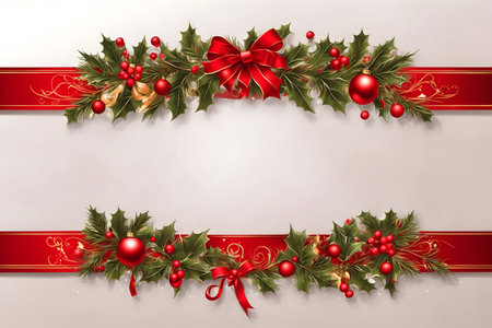 Christmas holly wreath with red ribbon and bow on white backgroundの写真素材