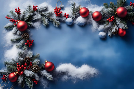 Christmas background with fir branches, red balls and snow on blue backgroundの写真素材