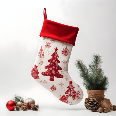 Christmas stocking with ornaments and pine cones on a white backgroundの写真素材