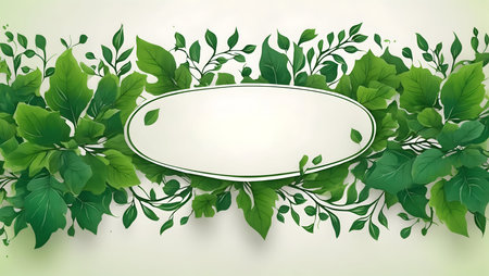 Nature background with green leaves and oval frame. Vector illustration for your designの写真素材