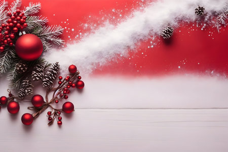 Christmas decoration on red wooden background. Top view with copy space.の写真素材