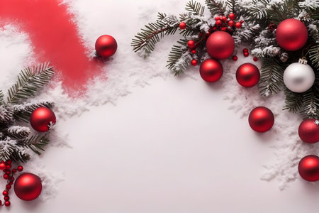 Christmas background with fir tree branches, red balls and snow on whiteの写真素材