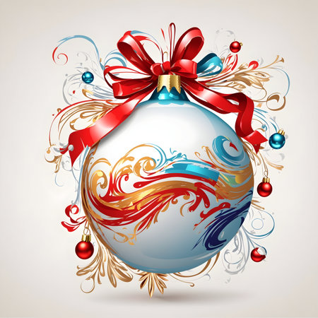 Christmas ball with red and blue ribbons and bow. Vector illustration.の写真素材