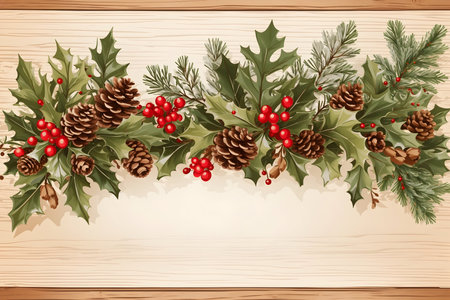 Christmas greeting card with holly berry and pine cones on wooden backgroundの写真素材