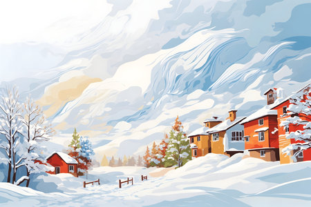 Winter landscape with wooden houses and snow covered trees. Vector illustration.の写真素材