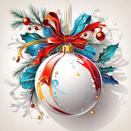 Christmas background with bauble and blue and red ribbons. Vector illustration.の写真素材