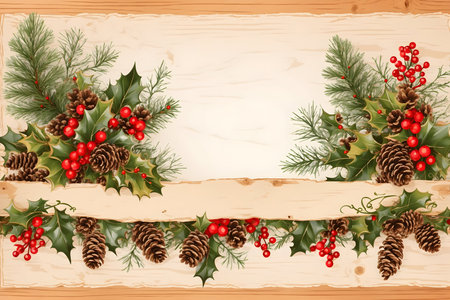 Christmas background with holly, pine cones, fir branches and berries.の写真素材