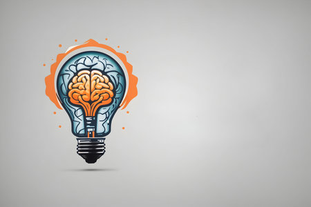 Idea concept with human brain and lightbulb on grey backgroundの写真素材