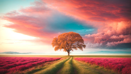 Lonely tree in the field with purple flowers at sunset.の写真素材