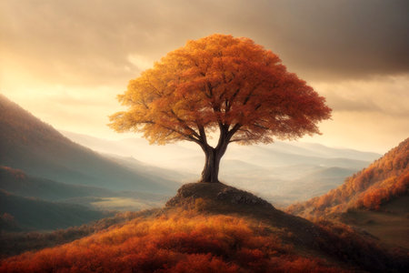 Autumn landscape with a lonely tree on a hillside at sunsetの写真素材