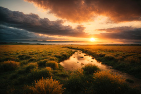 Sunset over a meadow with small stream flowing through it.の写真素材