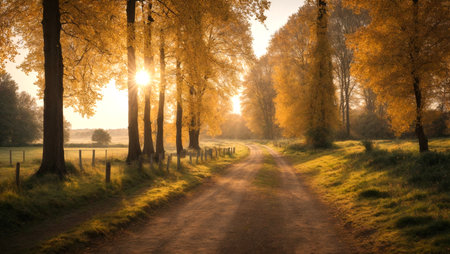 Rural road through the autumnal forest at sunrise. Panoramic view.の写真素材