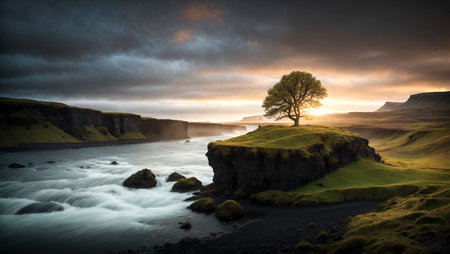 Icelandic landscape with a lone tree on the cliff at sunsetの写真素材