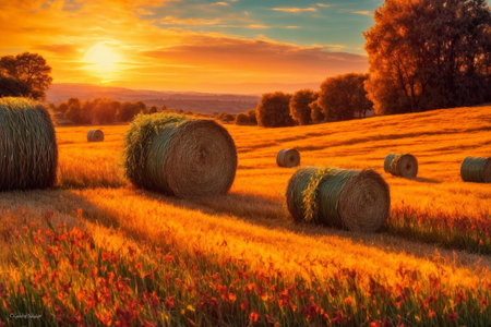 Rural landscape with hay bales on the field at sunset.の写真素材