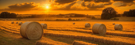 Sunset on a field with bales of straw in the foregroundの写真素材