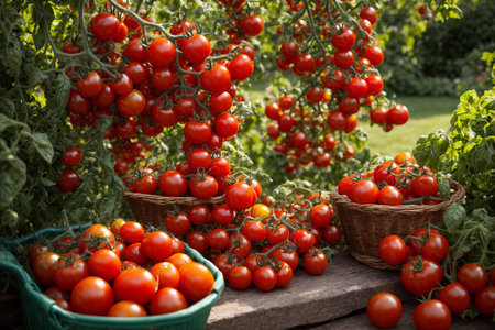 Cherry tomatoes in a basket on a wooden table in the gardenの写真素材