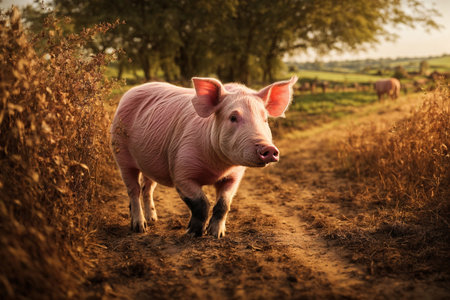 Pig in the meadow at sunset in summer, photo as a backgroundの写真素材