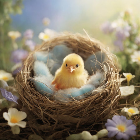 Easter composition with yellow chicken in nest and spring flowers on blurred backgroundの写真素材