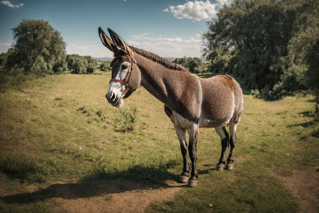 Donkey in the meadow. Picture in old color image style.の写真素材