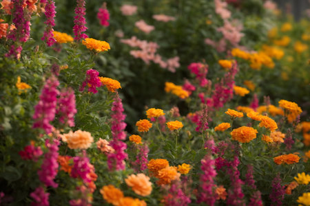 Colorful Marigold flowers in the garden with selective focus.の写真素材