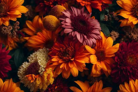 Beautiful bouquet of autumn flowers, top view. Floral backgroundの写真素材