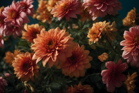 Beautiful orange chrysanthemum flowers on dark background.の写真素材