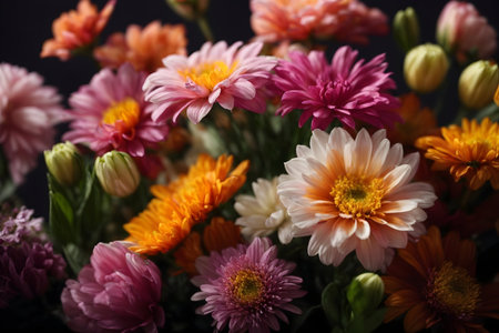Beautiful bouquet of chrysanthemums on dark backgroundの写真素材