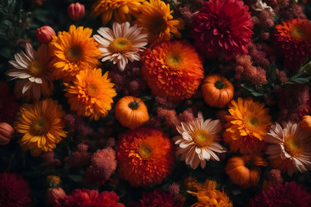 Autumn flowers background. Colorful autumn flowers background. Top view.の写真素材