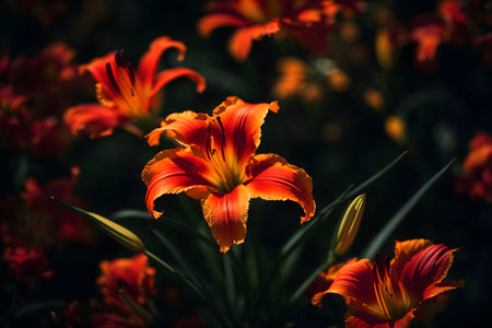 Orange daylily flowers in the garden close up. Nature backgroundの写真素材