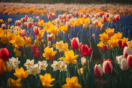 Colorful tulip flowers blooming in a field in Holland.