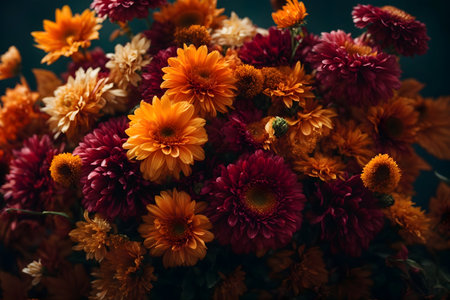 Colorful autumn bouquet of chrysanthemums on dark backgroundの写真素材