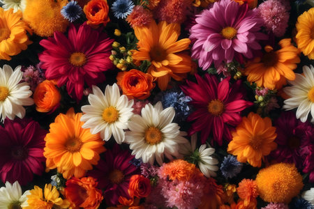 Multicolored flowers in a bouquet as a background, top viewの写真素材