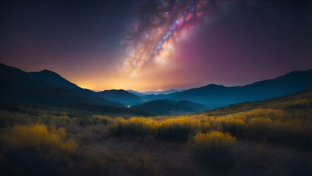 Majestic night sky with stars and milky way over the mountains.の写真素材