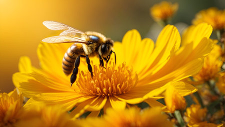 Bee on a yellow flower. Close-up. Shallow depth of field.の写真素材
