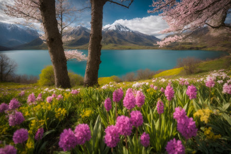 Spring in New Zealand alps and lake with blooming hyacinthsの写真素材