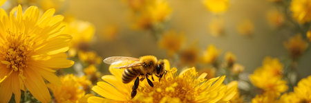 Bee on yellow flowers. Selective focus. Shallow depth of field.の写真素材