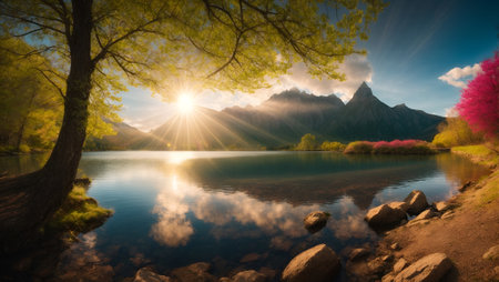 Mountain lake at sunrise. Beautiful nature landscape with mountains and skyの写真素材