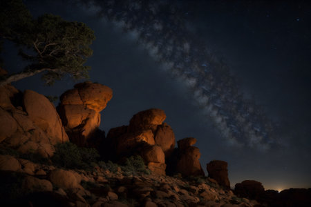 Milky Way over the rocks in Arches National Park, Utahの写真素材