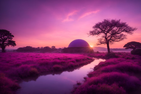 Sunset over the purple heather fields in the Chobe National Park, Botswanaの写真素材