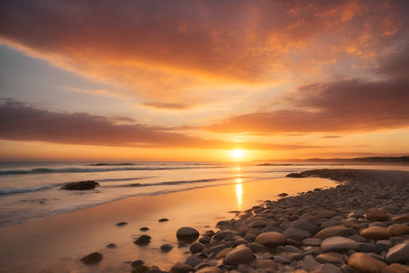 Beautiful sunset over the sea. Dramatic sky. Long exposure.の写真素材